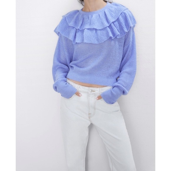 ZARA Cropped Lavender Periwinkle Sweater with Ruffle Details - Picture 2 of 6